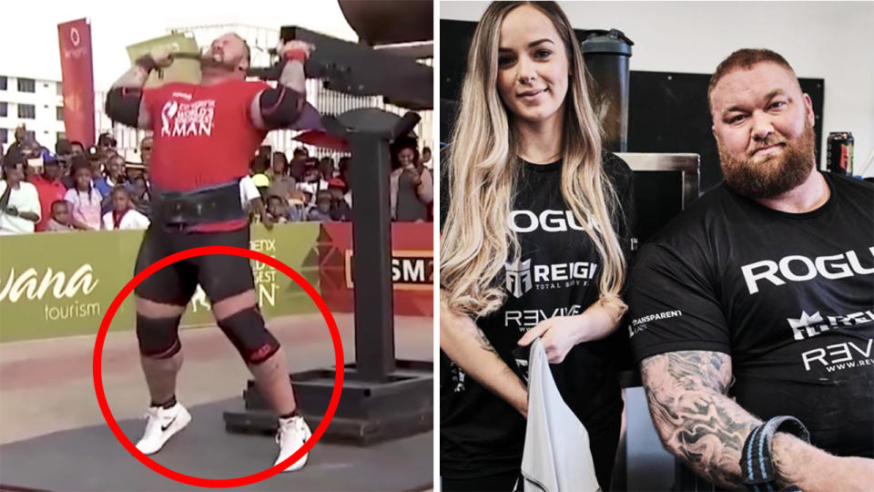 A 50/50 split images shows Hafthor Bjornsson competing at the 2017 World's Strongest Man competition, next to an image of him next to his partner.