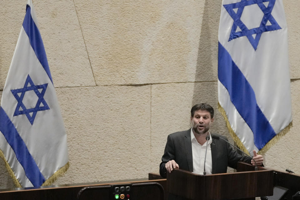 FILE - Bezalel Smotrich, Israeli Minister of Finance, addresses the parliament in Jerusalem, March 27, 2023. Israel's government on Sunday, June 18 granted a pro-settlement firebrand authority over planning in the occupied West Bank and lifted red tape on the settlement housing approval process, Israeli media reported. The government gave Smotrich control over planning in West Bank settlements, a condition he had made to join the government. (AP Photo/Maya Alerruzzo, file)