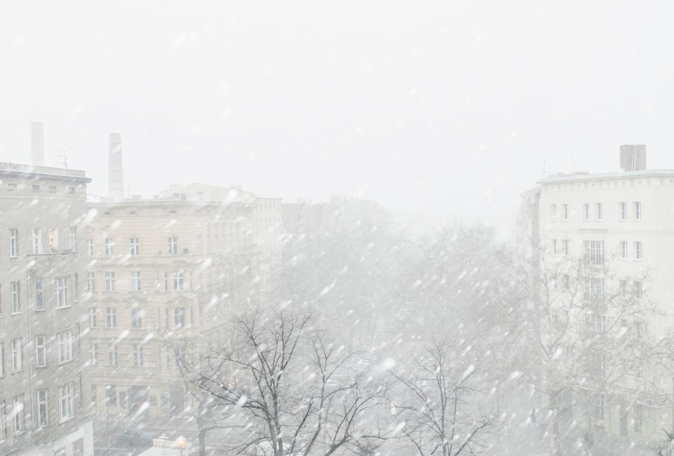 Snowfall in an urban setting with buildings and leafless trees visible through a heavy snowstorm. Streets are barely seen through the thick snowfall