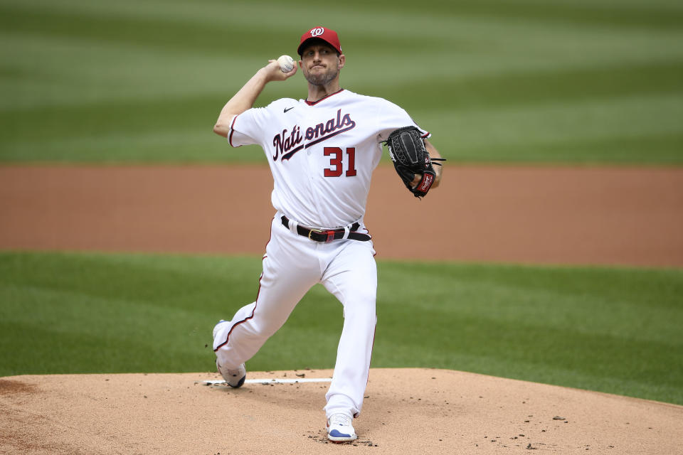 Washington Nationals starting pitcher Max Scherzer delivers during the first inning of a baseball game against the San Diego Padres, Sunday, July 18, 2021, in Washington. (AP Photo/Nick Wass)