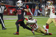 Arizona Cardinals wide receiver Andy Isabella (89) runs for touchdown after the catch as San Francisco 49ers cornerback Jimmie Ward (20) pursues during the second half of an NFL football game, Thursday, Oct. 31, 2019, in Glendale, Ariz. (AP Photo/Rick Scuteri)