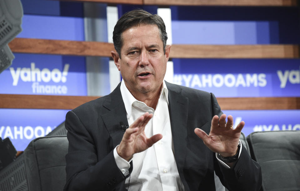 FILE - In this Thursday, Oct. 10, 2019 file photo, Barclays CEO Jes Staley participates in the Yahoo Finance All Markets Summit at Union West on  in New York. Britain’s financial watchdog is investigating whether Barclays chief executive Jes Staley disclosed full details of his relationship with the late convicted sex offender Jeffrey Epstein, the bank said Thursday Feb. 13, 2020. (Photo by Evan Agostini/Invision/AP, File)