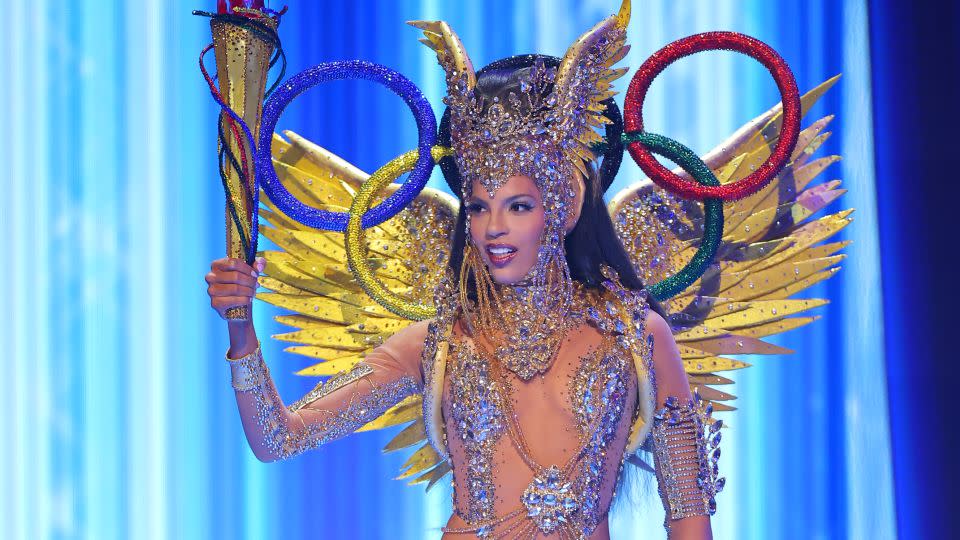 The Olympic rings adoring Miss Curaçao's outfit served as a callout for the country's athletes, who the pageant's commentators explained yearn to compete in the Games under their own flag. - Hector Vivas/Getty Images