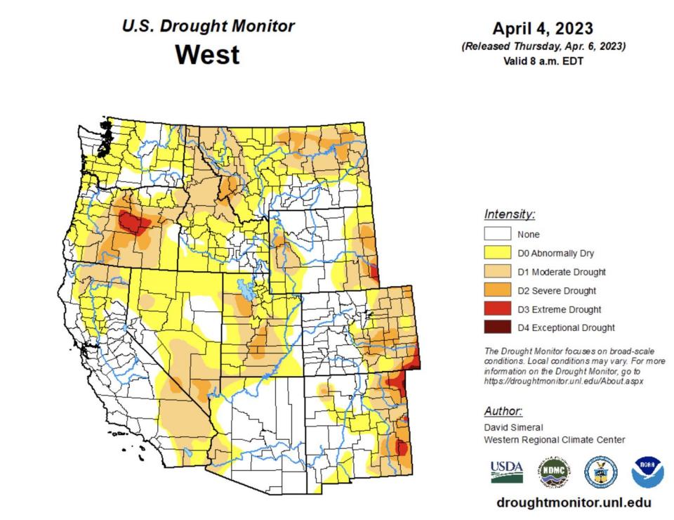 This map shows the West's drought conditions as of April 4. While 31% of the region remains in at least moderate drought, only 1.2% is listed in at least extreme drought. 