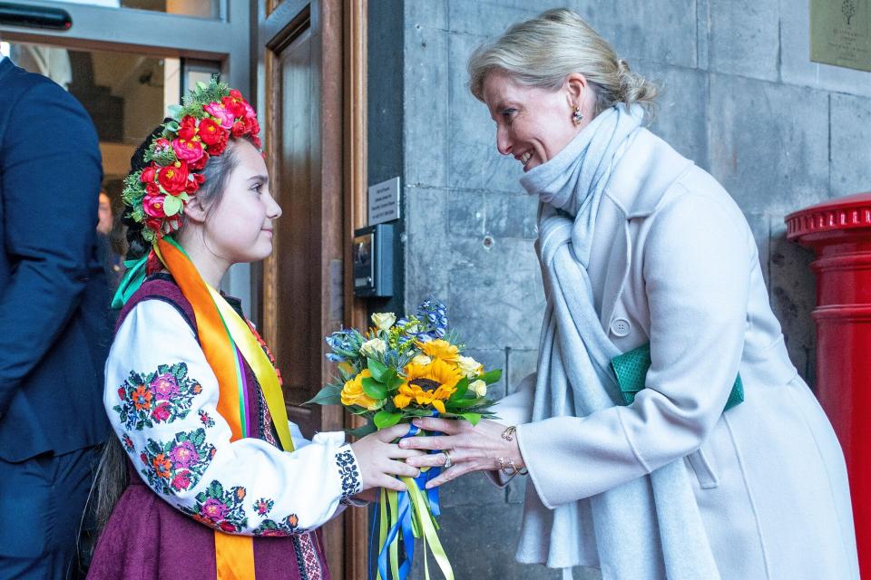 The new Duchess of Edinburgh, Britain's Sophie, Duchess of Edinburgh (R) meets Marianna Melnyk, aged 10, from the Ukrainian community at the City Chambers in Edinburgh to mark one year since the city's formal response to the invasion of Ukraine on March 10, 2023. - Britain's King Charles III on Friday awarded his younger brother Edward the title Duke of Edinburgh, in line with the wishes of the late Queen Elizabeth II and her husband Prince Philip.