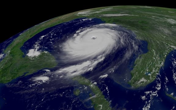 NOAA's GOES-12 weather satellites captured this image of Hurricane Katrina at Category 5 strength on Aug. 28, 2005, at 11:45 a.m. EDT.