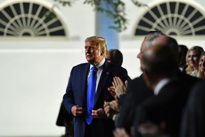 US President Donald Trump arrives to listen to US First Lady Melania Trump address the Republican Convention during its second day from the Rose Garden of the White House August 25, 2020, in Washington, DC. (Photo by Brendan Smialowski / AFP) (Photo by BRENDAN SMIALOWSKI/AFP via Getty Images)