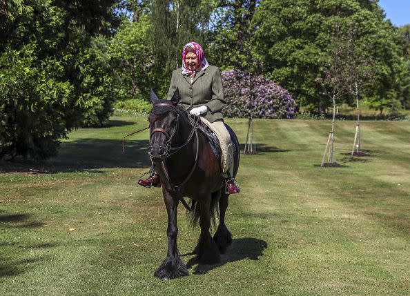 2020: Queen Elizabeth II rides Balmoral Fern, a 14-year-old fell pony, in Windsor Home Park in May 2020 in Windsor, England.