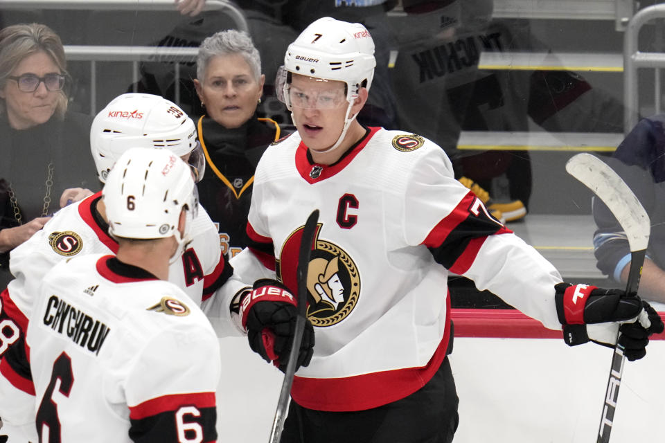 Ottawa Senators' Brady Tkachuk (7) celebrates after his goal during the first period of an NHL hockey game against the Pittsburgh Penguins in Pittsburgh, on Saturday, Oct. 28, 2023. (AP Photo/Gene J. Puskar)