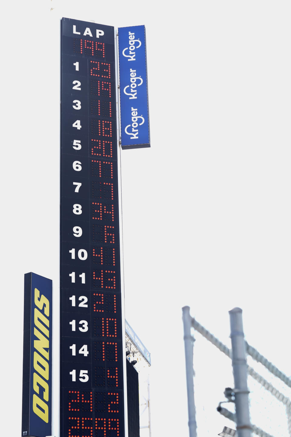 The leaderboard for a NASCAR Daytona 500 auto race practice session shows Bubba Wallace (23) at the top at Daytona International Speedway, Wednesday, Feb. 10, 2021, in Daytona Beach, Fla. (AP Photo/John Raoux)