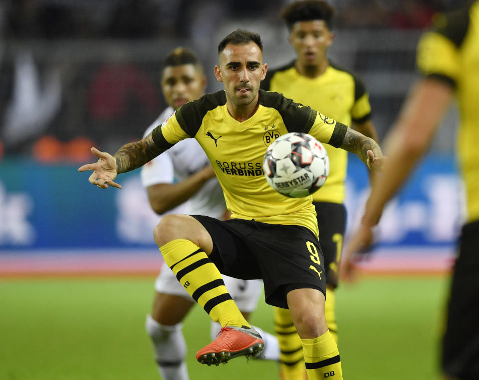 Dortmund's Paco Alcacer plays the ball during the German Bundesliga soccer match between Borussia Dortmund and Eintracht Frankfurt in Dortmund, Germany, Friday, Sept. 14, 2018. (AP Photo/Martin Meissner)