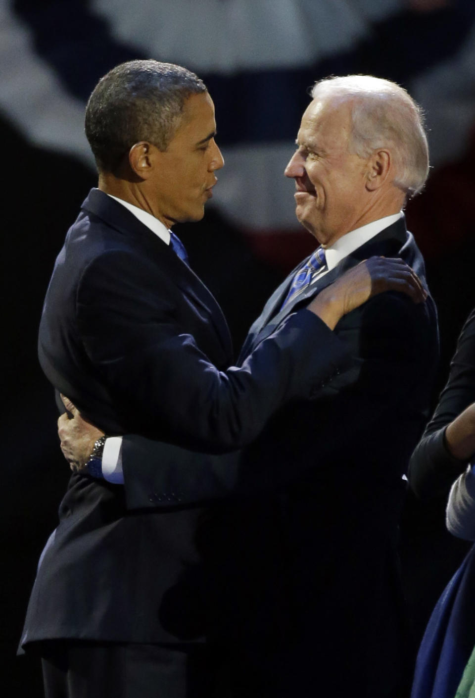 President Barack Obama hugs Vice President Joe Biden after his speech at his election night party Wednesday, Nov. 7, 2012, in Chicago. President Obama defeated Republican challenger former Massachusetts Gov. Mitt Romney. (AP Photo/Pablo Martinez Monsivais)