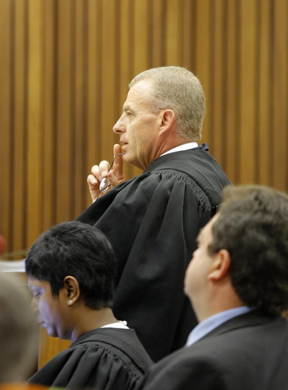 Prosecutor Gerrie Nel cross examines Olympic and Paralympic track star Pistorius in Pretoria