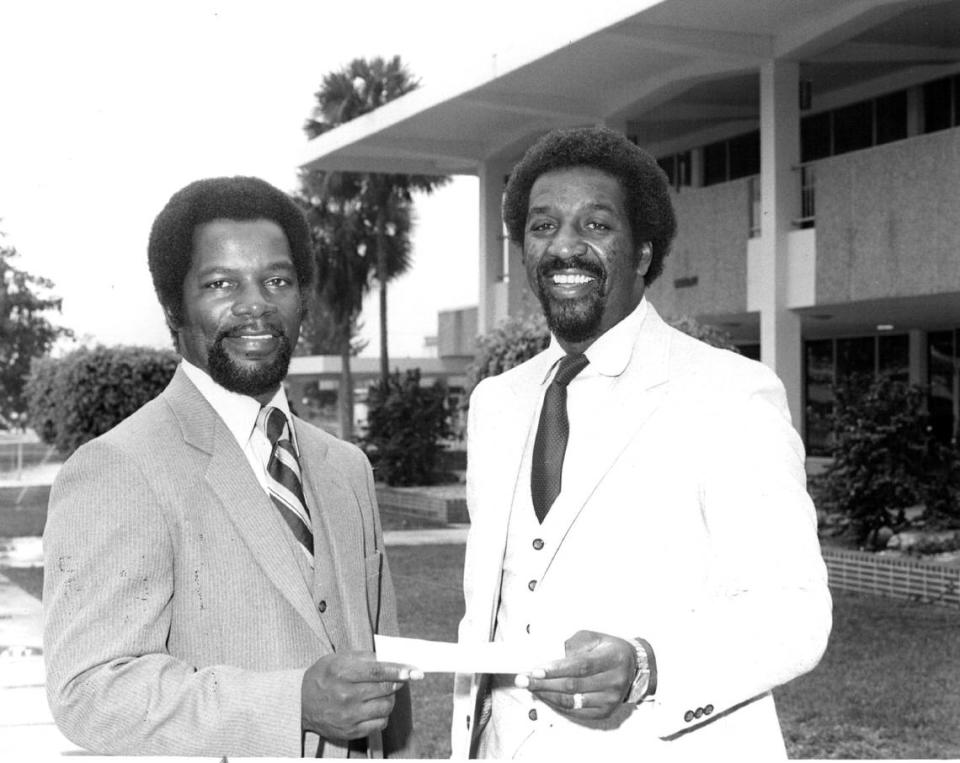 An undated photo of, from left, Joseph Middlebrooks and Dr. Samuel H. McClendon of then-Florida Memorial College in Opa-locka.