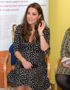 <p><strong>When: March 18, 2015 </strong><br>Pregnant with Charlotte, Kate opted for a polka-dot ASOS maternity skater dress while visiting the Brookhill Children’s Centre in Woolwich, London.<br><em>[Photo: Getty]</em> </p>