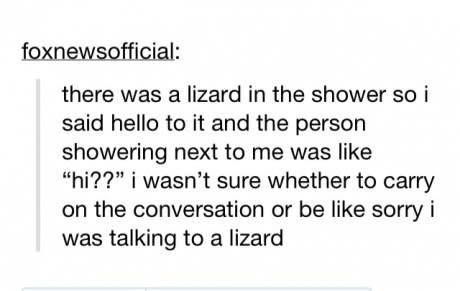 tumblr post about someone saying hello to a lizard and theyre overheard and dont know what to do