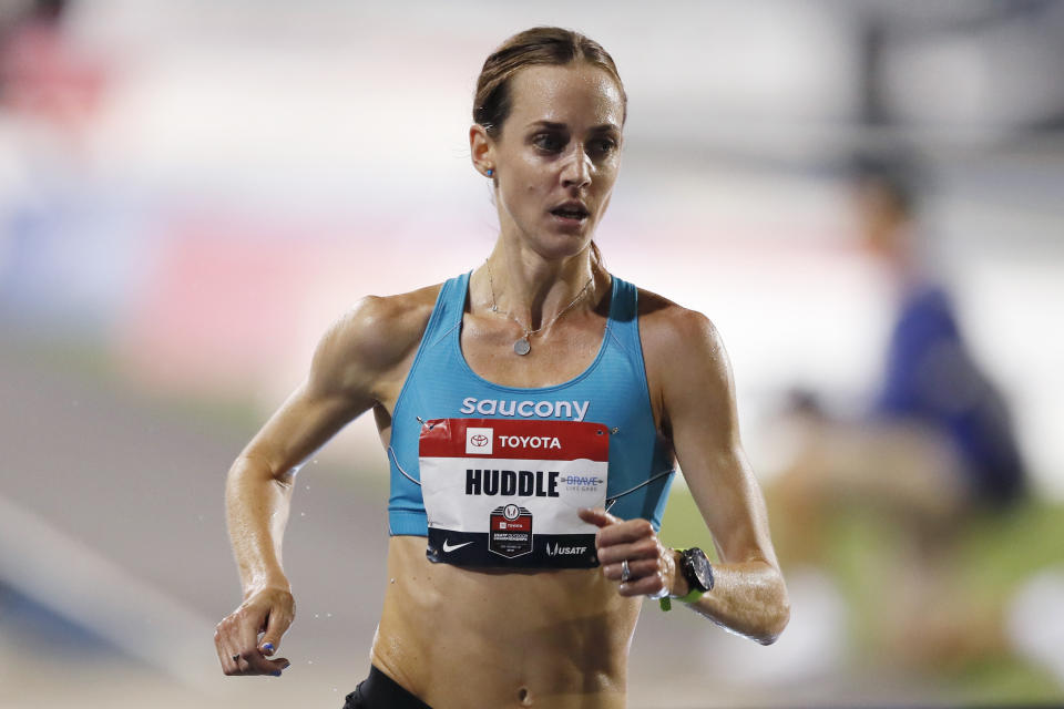 Molly Huddle runs during the women's 10,000-meter run at the U.S. Championships athletics meet, Thursday, July 25, 2019, in Des Moines, Iowa. (AP Photo/Charlie Neibergall)