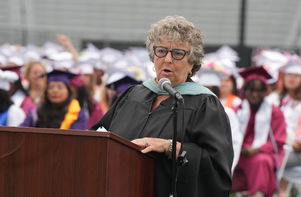 Paterson, NJ- June 27, 2023 --  Paterson Schools Superintendent Eileen Shafer addressed the graduates. Graduations returned to  Hinchliffe Stadium where Eastside High School, Paterson P-Tech High School, Paterson STEAM High School and Rosa Parks School of Fine & Performing Arts had the first graduation at the newly renovated venue. Family, friends and faculty, all came out to honor the graduates.