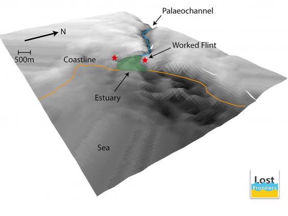 Remote sensing investigations, carried out by the archaeologists and geophysicists, have for the first time, revealed what the site would have looked like before it was inundated by the sea some 8000 years ago. The river valley and estuary of a now-long- vanished river can be seen quite clearly. The two finds have been discovered on either side of the estuary, precisely where archaeologists would expect prehistoric campsites and settlements to be located (Simon Fitch, University of Bradford)