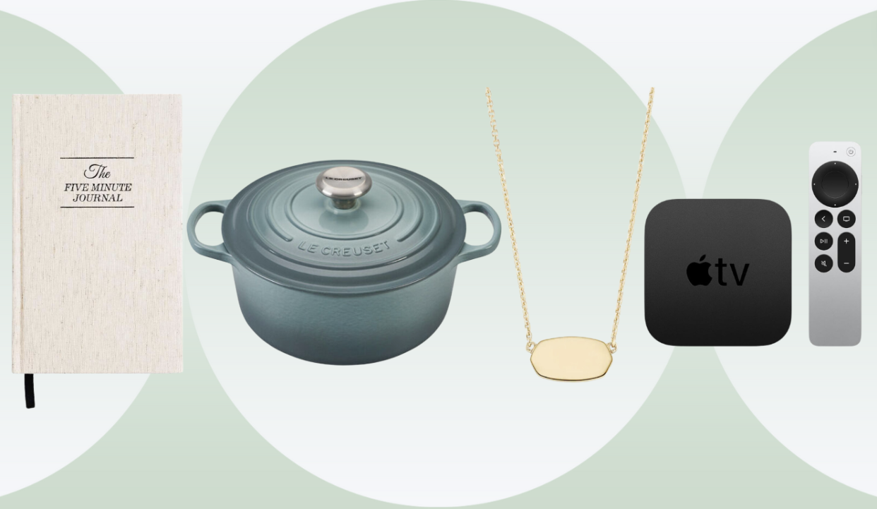 A journal, Dutch oven, gold necklace and Apple TV on a green background.