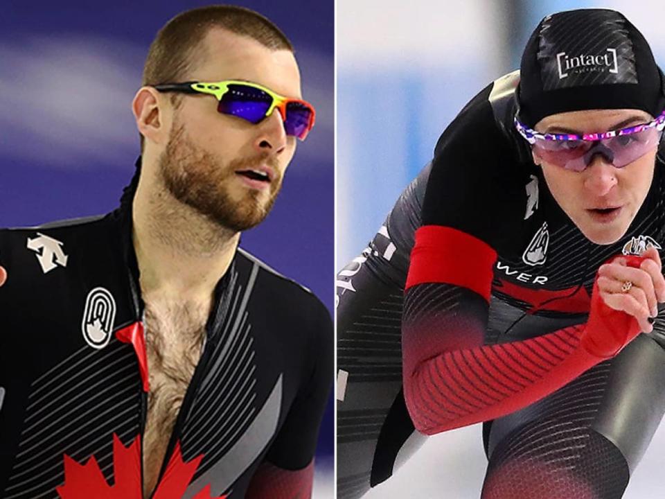 National men's 500-metre record-holder Laurent Dubreuil, left, and two-time Olympian Ivanie Blondin, right, headline Canada's 16-member squad headed to the Winter Games in Beijing in February. (Getty Images/File - image credit)