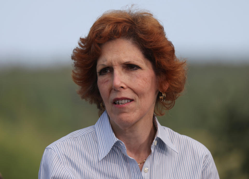 Loretta J. Mester, president and CEO of the Federal Reserve Bank of Cleveland, looks on at Teton National Park where financial leaders from around the world gathered for the Jackson Hole Economic Symposium outside Jackson, Wyoming, U.S., August 26, 2022. REUTERS/Jim Urquhart