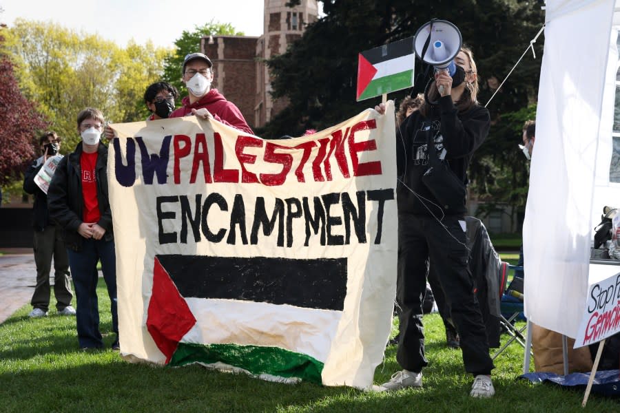 SEATTLE, UNITED STATES – APRIL 29: Protesters lead chants during a Palestinian anti-war encampment on the campus of the University of Washington on April 29, 2024 in Seattle, Washington, USA. (Photo by Noah Riffe/Anadolu via Getty Images)