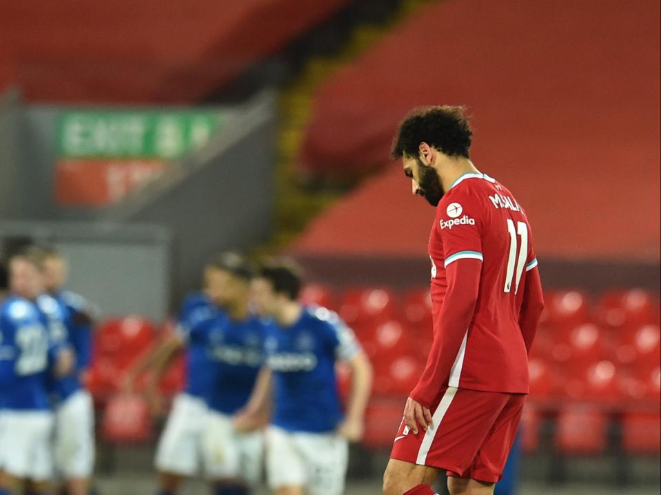 Mohamed Salah during Liverpool’s derby defeat by Everton (Liverpool FC via Getty Images)