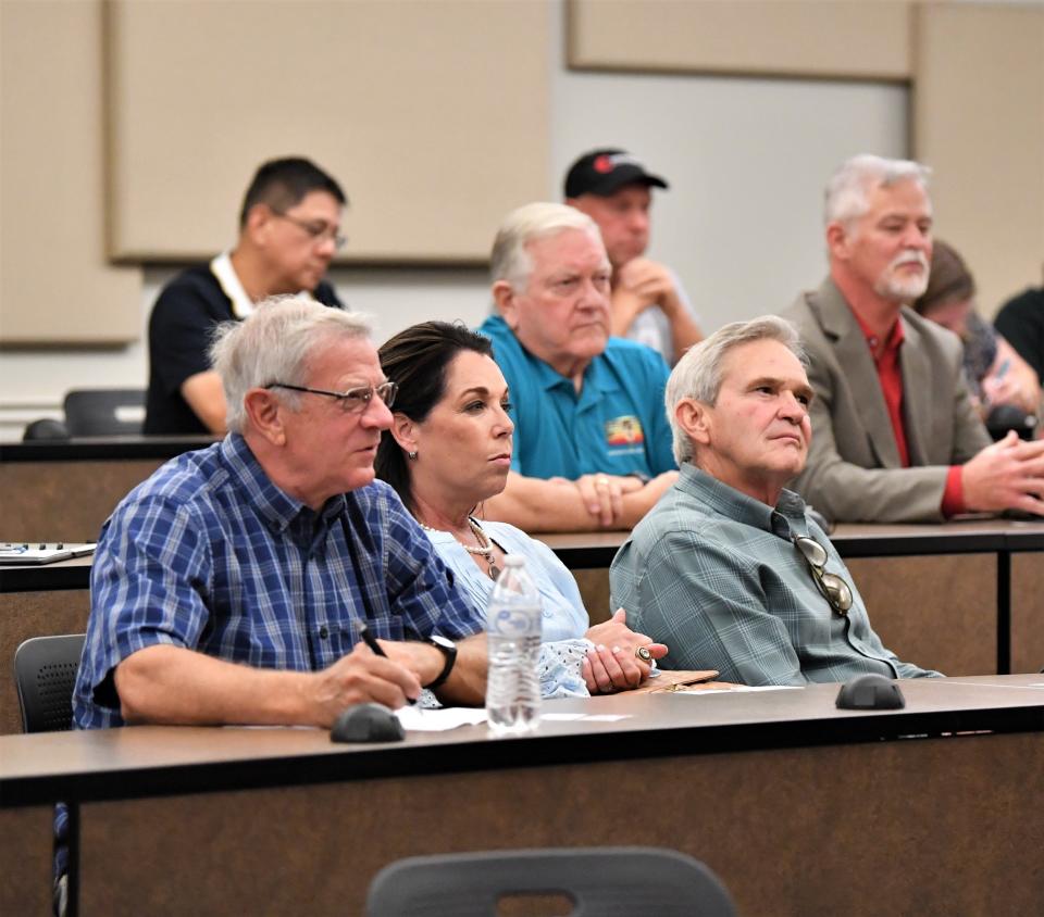 Wichita Falls residents listen during a City Council Town Hall meeting at the Dillard College of Business at MSU on Wednesday, October 12, 2022.