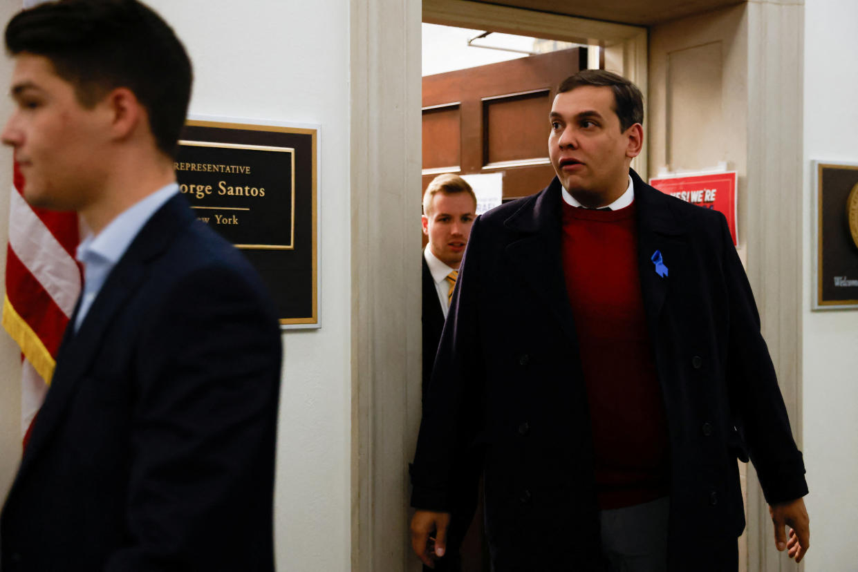 U.S. Rep. George Santos (R-NY) heads to attend a vote on whether the House of Representatives will expel him, after he was indicted on 23 federal corruption charges, on Capitol Hill in Washington,  U.S. November 1, 2023. REUTERS/Julia Nikhinson