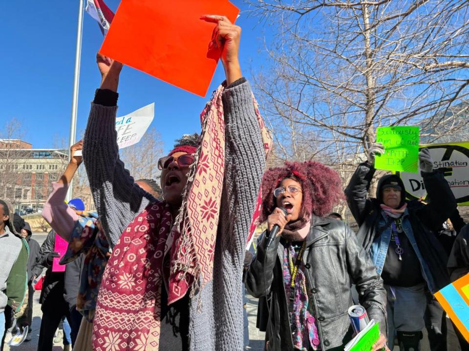 Starr Williams (right) and another protester chant across the street from the KC City Hall on Feb. 29, 2024 Noelle Alviz-Gransee