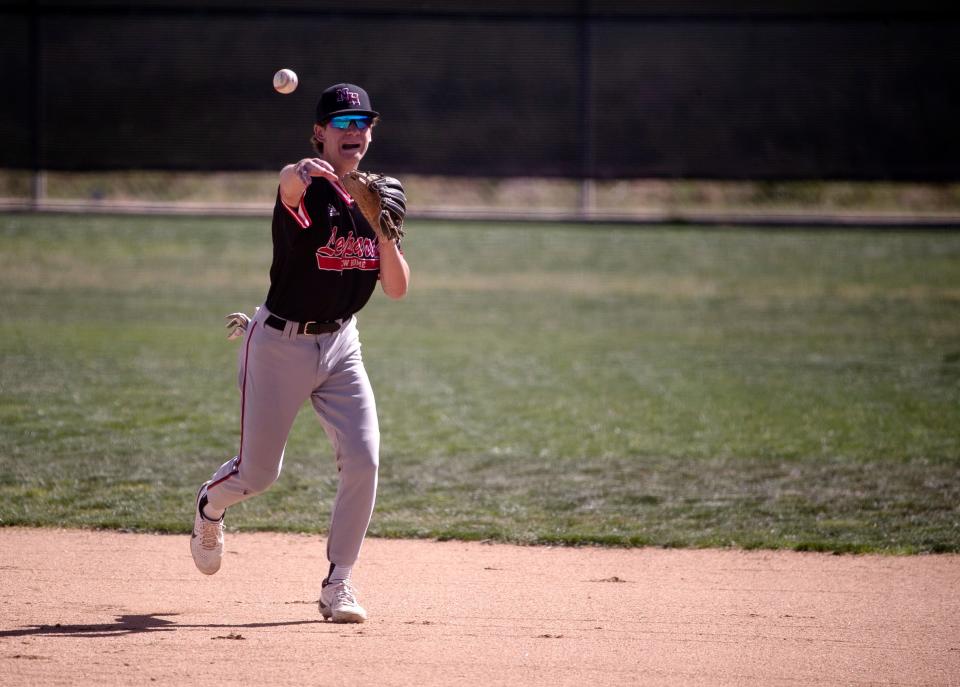 New Home's Brazos Beck throws to first base against Ropes in a District 4-2A baseball game, Tuesday, April 16, 2024, at Ropes ISD baseball field in Ropesville.