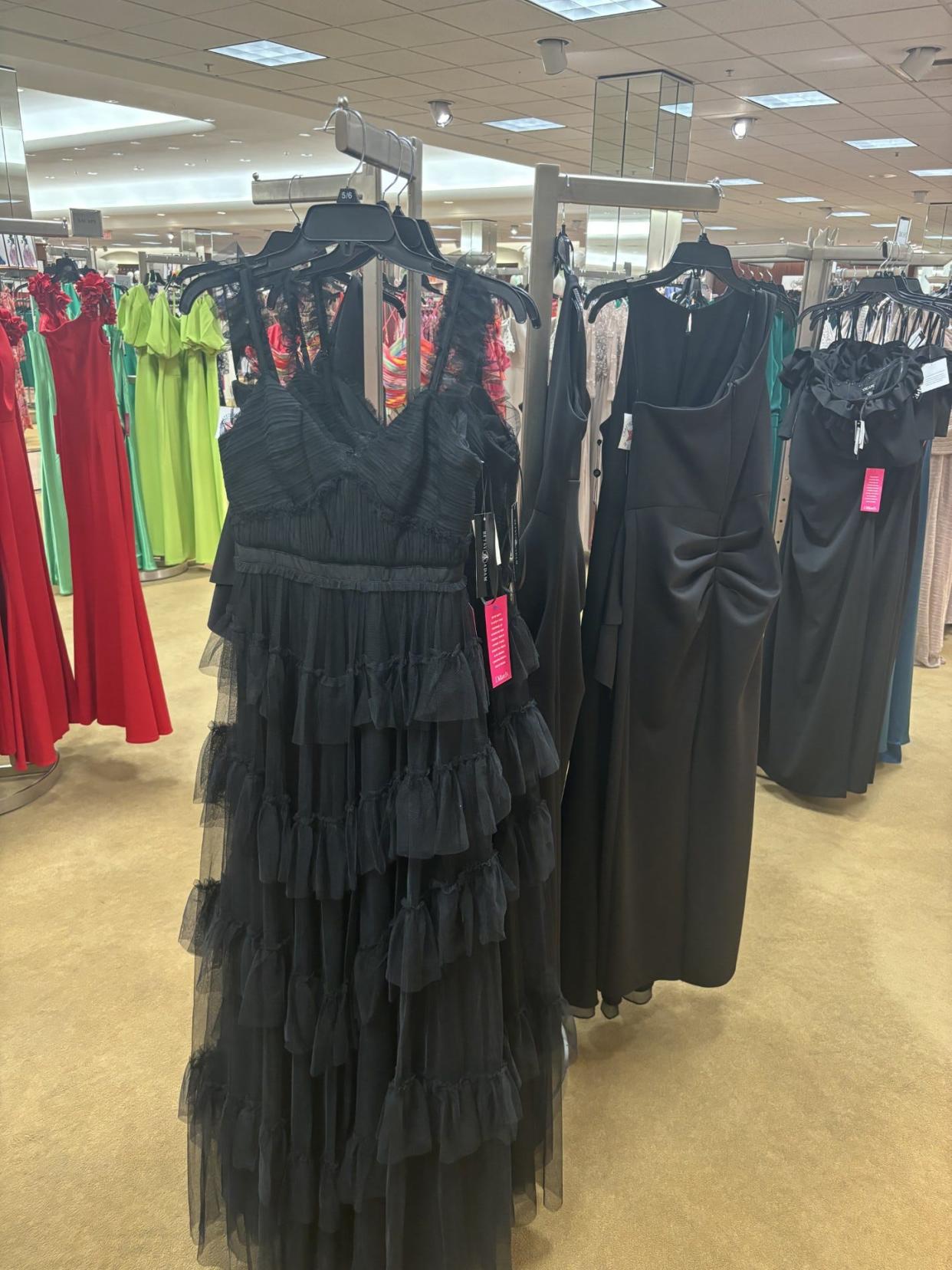 Dillard's at Cielo Vista Mall has a good collection of black gowns including the trending ruffled design for prom season 2024.