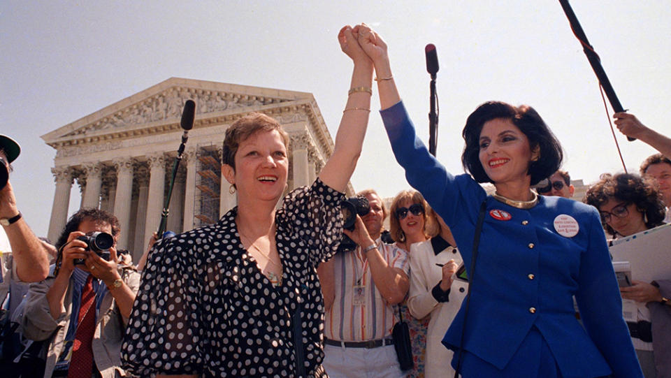 Gloria Allred with Norma McCorvey, known in court documents as Jane Roe, at a rally in 1989. - Credit: ASSOCIATED PRESS