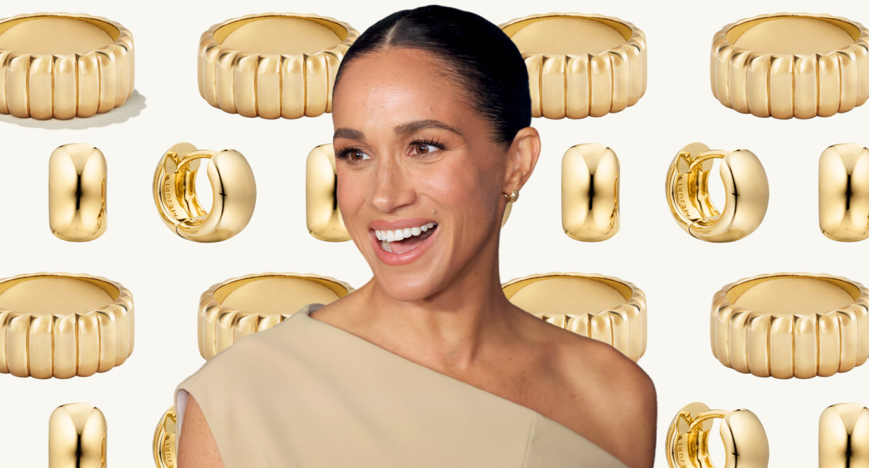 meghan markle, mejuri black friday 2023 sale, meghan markle, meghan markle wearing camel dress and gold mejuri earrings, Meghan Markle's Mejuri earrings are on sale for Black Friday 2023 (Photos via Getty Images & Mejuri).