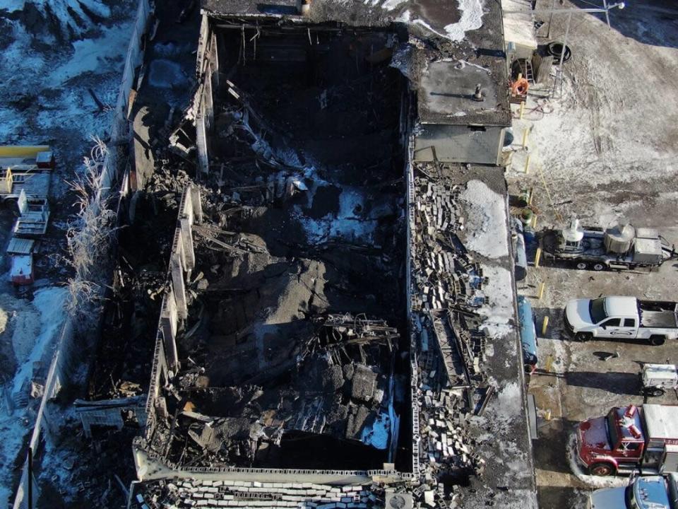 On Sunday, Ottawa police provided an updated drone photo of the Merivale Road explosion site. They say it could take several more days just to clear the site.  (Courtesy of Ottawa Police Service - image credit)