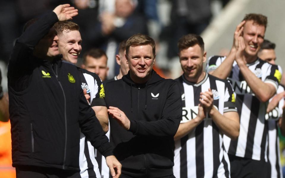 St James' Park, Newcastle, Britain - April 13, 2024 Newcastle United manager Eddie Howe applauds fans after the match