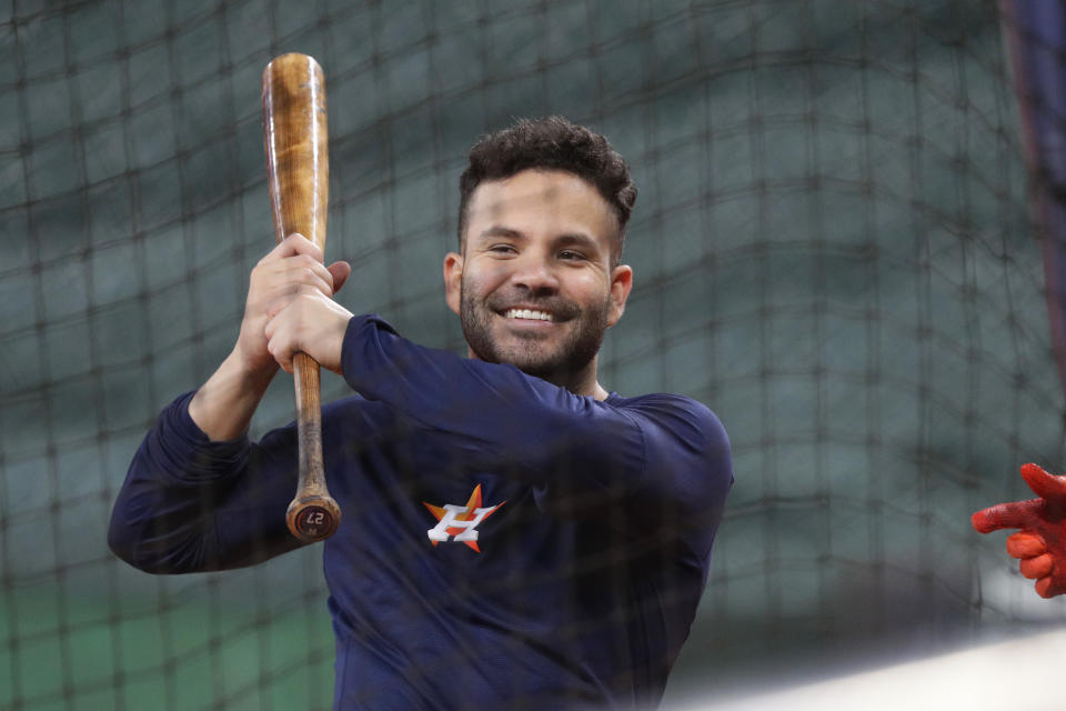 Houston Astros' Jose Altuve takes batting practice during a workout for a baseball American League Championship Series in Houston, Friday, Oct. 11, 2019. Houston will face the New York Yankees, Saturday. (AP Photo/Eric Gay)