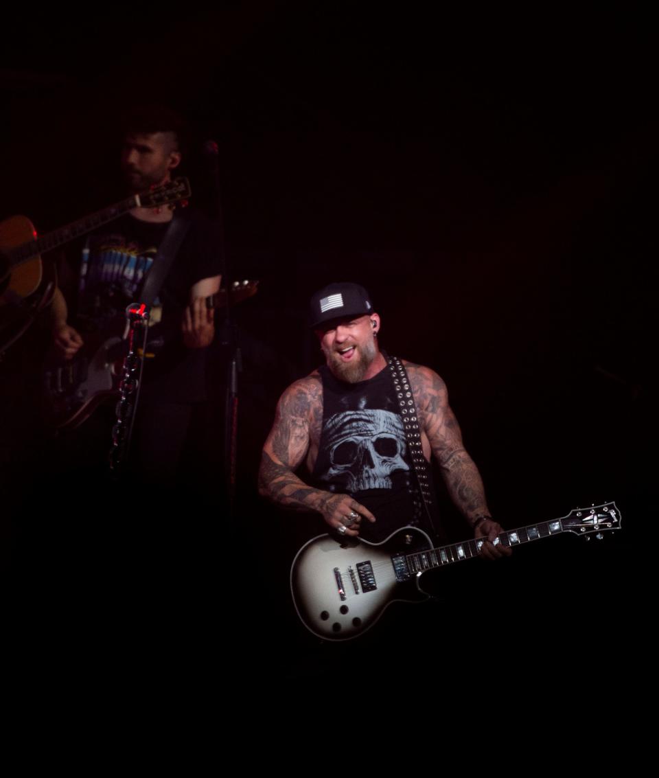 Brantley Gilbert performs before Nickelback at Bridgestone Arena in Nashville, Tenn., Tuesday, Aug. 1, 2023.