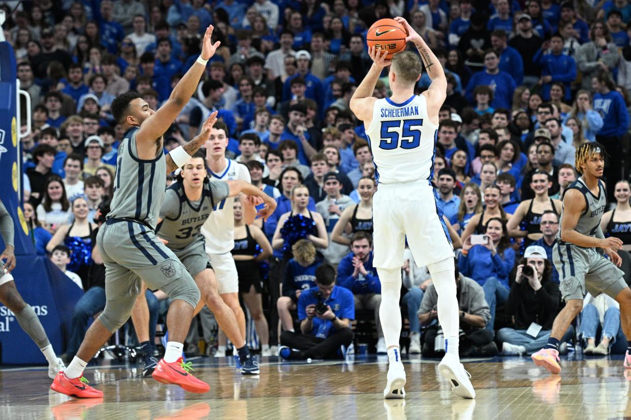 Creighton guard Baylor Scheierman  makes a 3-pointer during the Bluejays' 99-98 loss to Butler at CHI Health Center Omaha last week. Scheierman leads Creighton with 18.6 points and 8.4 rebounds per game.