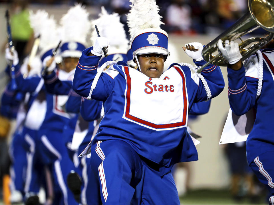 Members of the Tennessee State band perform at halftime of the team's Southern Heritage Classic NCAA college football game against Jackson State in Memphis, Tenn., Saturday, Sept. 11, 2021. (Patrick Lantrip/Daily Memphian via AP)