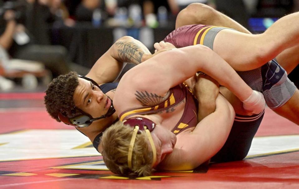 Penn State’s Greg Kerkvliet controls Minnesota’s Bennett Tabor in a 285 lb quarterfinal match of the Big Ten Wresting Championships at the Xfinity Center at the University of Maryland on Saturday, March 9, 2024.
