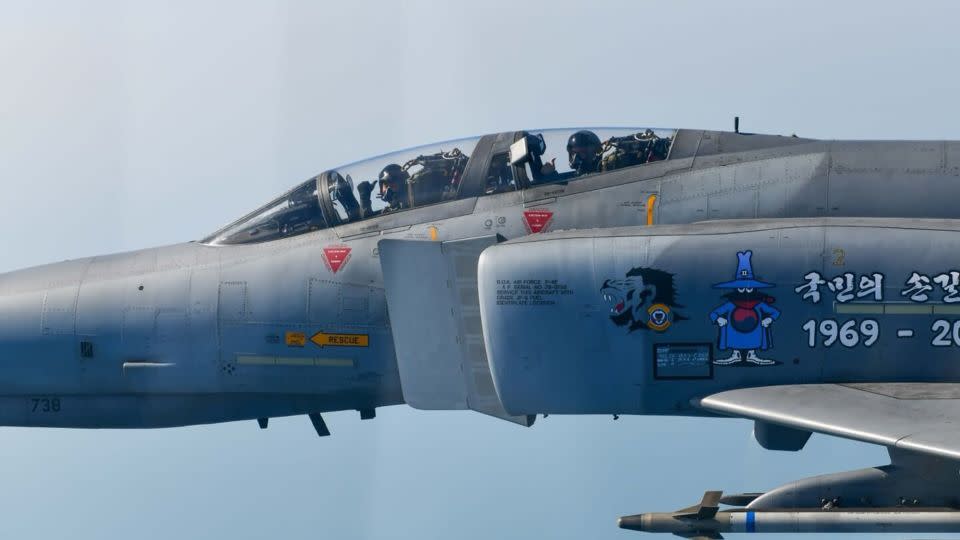 Lendon in the back seat of a South Korean F-4 Phantom flying over southern South Korea on May 8, 2024. - South Korean Air Force