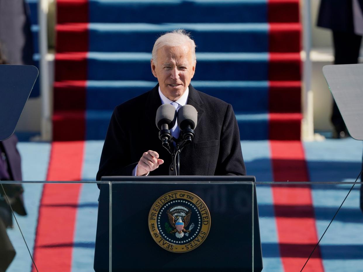 Biden delivers a speech after being sworn in as the 46th president of the US (POOL/AFP via Getty Images)