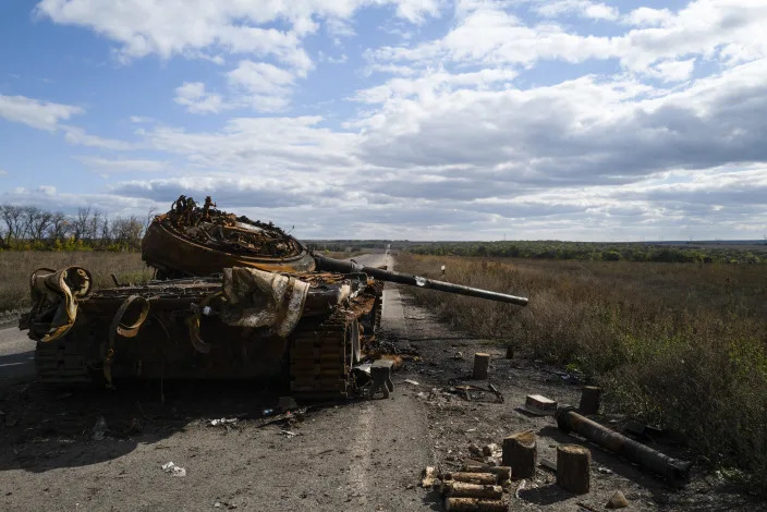 Destroyed Russian tank is seen outside of Izyum district of Kharkiv Oblast, Ukraine on October 13, 2022.
