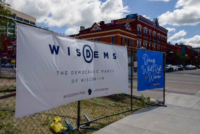 Banners outside the 2022 Democratic Party of Wisconsin Convention at the La Crosse Center, June 26, 2022.