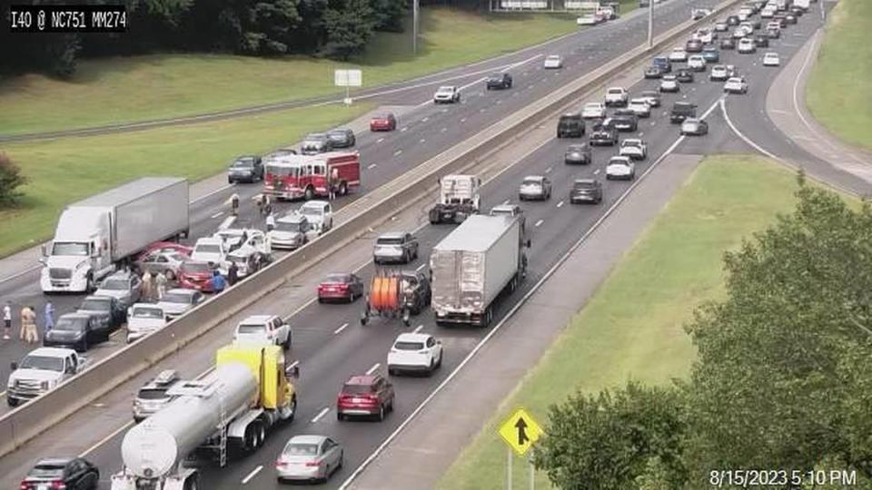 A traffic camera image from 5:10 p.m. on August 15, 2023, shows the crash on I-40 at NC 751.