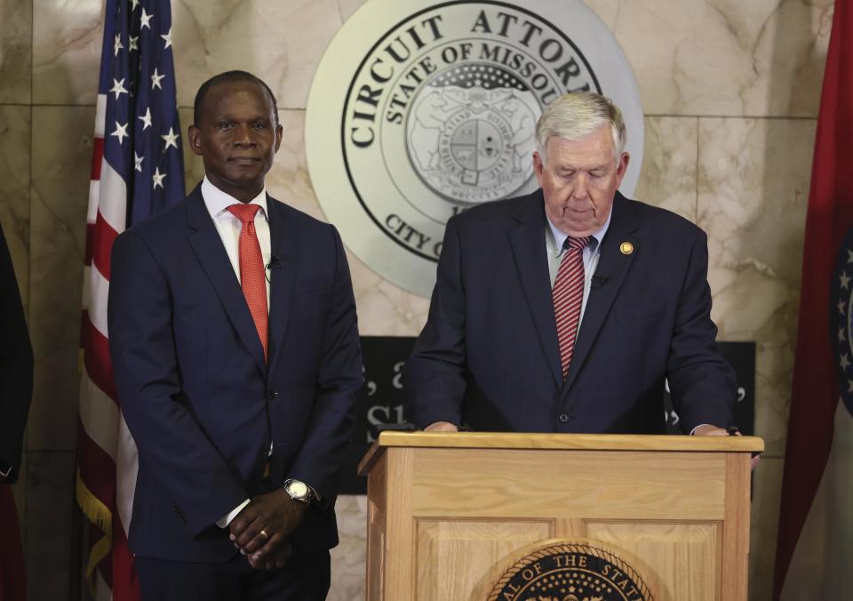 Gov. Mike Parson announces Gabriel Gore as the St. Louis Circuit Attorney, replacing Kimberly M. Gardner, during a news conference on Friday, May 19, 2023 at the Carnahan Courthouse in St. Louis. (David Carson/St. Louis Post-Dispatch via AP)