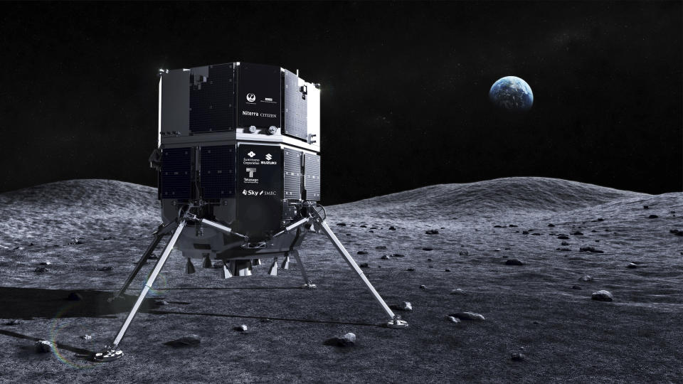 This illustration provided by ispace in April 2023 depicts the Hakuto spacecraft on the surface of the moon with the Earth in the background. On Tuesday, April 25, 2023, flight controllers plan to direct the craft to descend from orbit and land on the moon's surface. (ispace via AP)