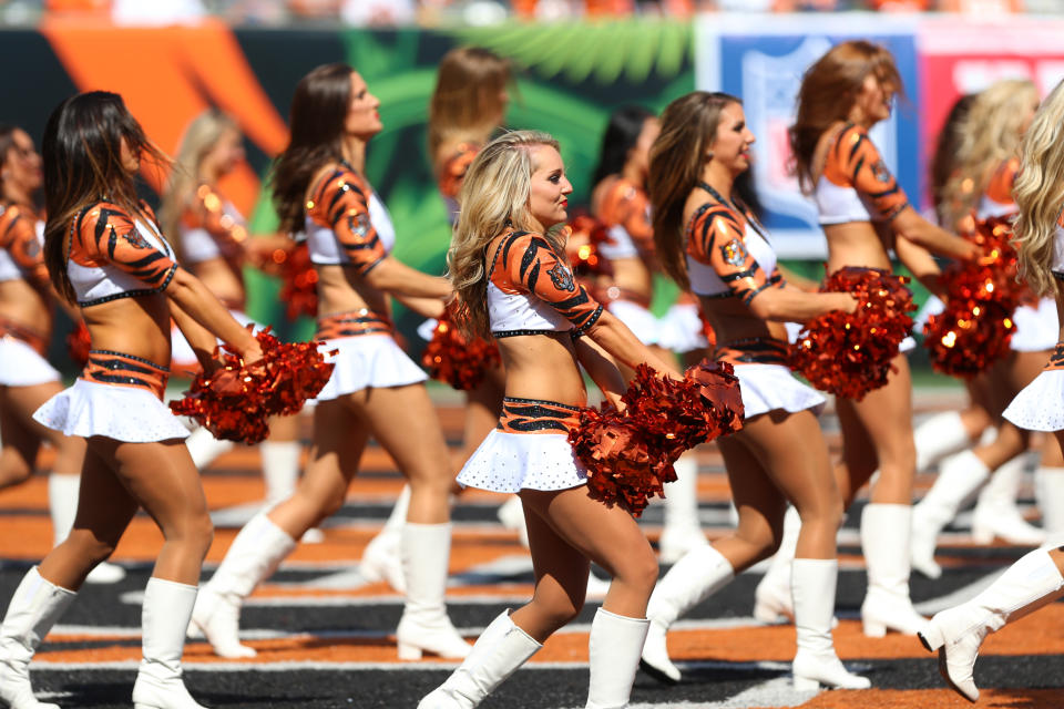 <p>Cincinnati Bengals Cheerleaders perform during the NFL game against the Baltimore Ravens and the Cincinnati Bengals on September 10, 2017, at Paul Brown Stadium in Cincinnati, OH. The Ravens defeated the Bengals 20-0. (Photo by Ian Johnson/Icon Sportswire via Getty Images) </p>